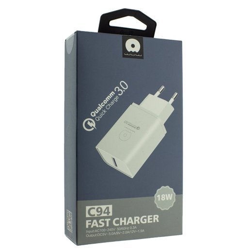 Зарядний пристрій WUW C94 1 USB (18W) Qualcomm 3.0 FAST CHARGER БІЛИЙ