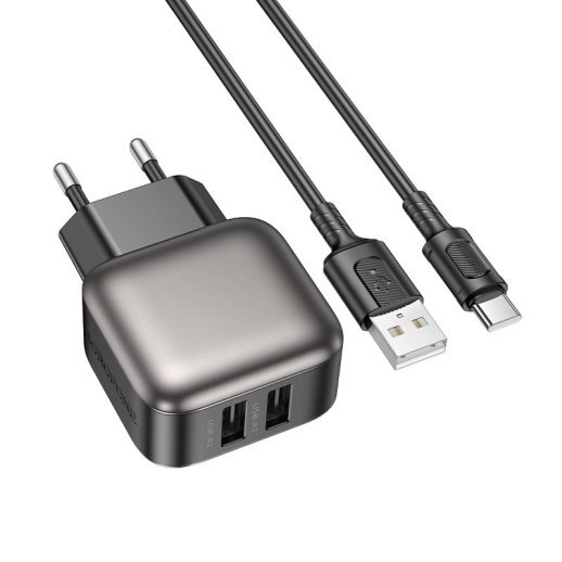 Мережевий зарядний пристрій BOROFONE BAS51A 2 USB 2.4A 12W + кабель USB - TYPE-C, чорний