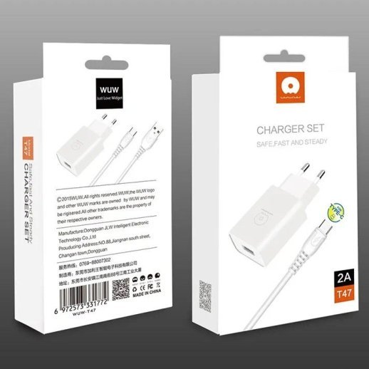 Мережевий зарядний пристрій WUW T47 2.4A + USB Type-C БІЛИЙ (70)
