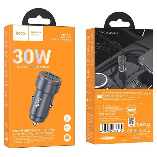 Автомобільний зарядний пристрій HOCO Z57A PD 30W + QC3.0, сірий