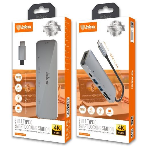 Хаб INKAX DST-07 6-в-1 Type-C / HDMI 4K / 2xUSB 3.0 / PD / SD/TF кардридер / 0.15 м