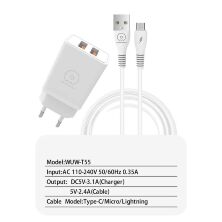Мережевий зарядний пристрій WUW T55 2USB 3.1A + USB Lightning 2.4A БІЛИЙ (70)
