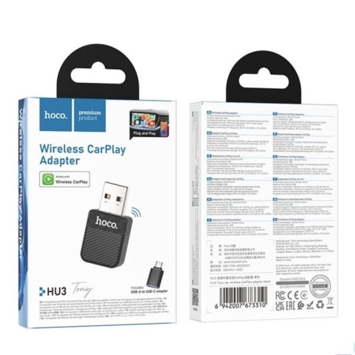 Адаптер автомобильный беспроводной Hoco HU3 Tony CarPlay USB/ Type-C (11pc) (черный)