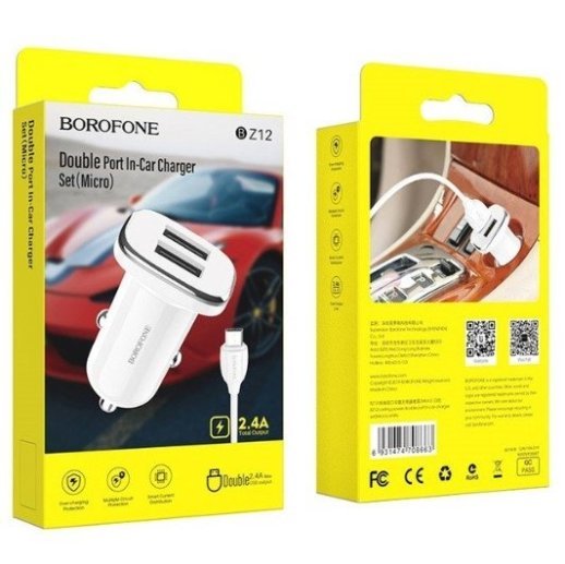 Автомобільний зарядний пристрій Borofone BZ12 2USB 2.4A + кабель USB - Type-C, білий