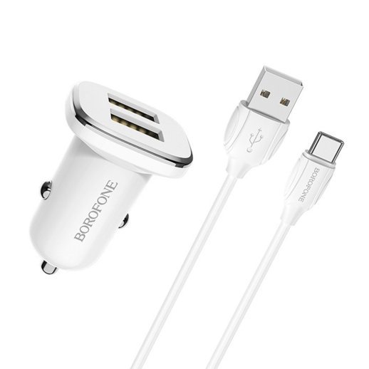 Автомобільний зарядний пристрій Borofone BZ12 2USB 2.4A + кабель USB - Type-C, білий