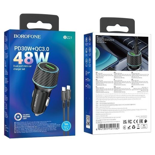 Автомобільний зарядний пристрій BOROFONE BZ21 Brilliant 48W dual port  PD30W+QC3.0 + кабель USB TYPE-C - LIGHTNING