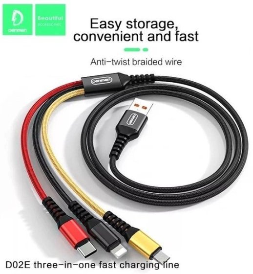 Кабель USB Denmen D02E 3В1 ТКАНИНОВА ОПЛЕТКА 2.4A USB - Lightning/Micro/Type-C
