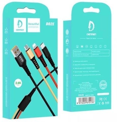 Кабель USB Denmen D02E 3В1 ТКАНИНОВА ОПЛЕТКА 2.4A USB - Lightning/Micro/Type-C