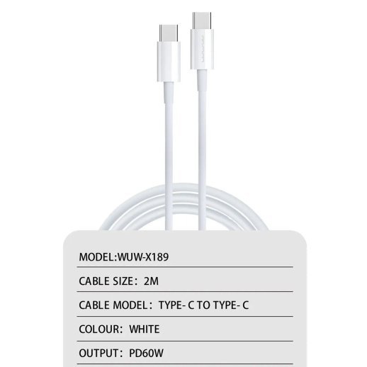 Кабель USB-C WUW X189 Type-C - Type-C 60W 2 МЕТРИ БІЛИЙ (45)
