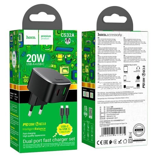 Мережевий зарядний пристрій HOCO CS32A TYPE-C PD 20W + USB QC 3.0 + КАБЕЛЬ Type-C - Type-C