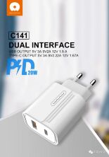 Мережевий зарядний пристрій WUW C141 TYPE-C PD 20W + USB QC3.0 18W