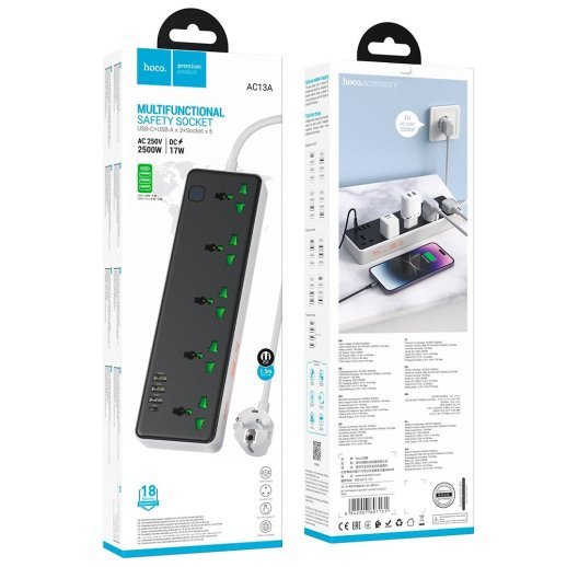 Сетевой удлинитель Hoco AC13A (3USB/1Type-C/5xSocket) (черный)