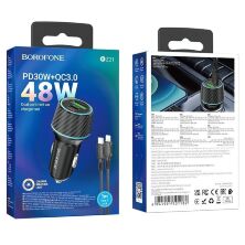 Автомобільний зарядний пристрій BOROFONE BZ21 Brilliant 48W dual port  PD30W+QC3.0 + кабель USB TYPE-C - LIGHTNING