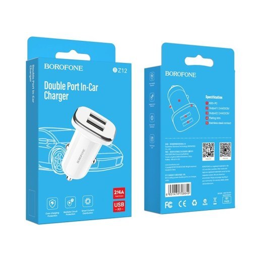 Автомобільний зарядний пристрій Borofone BZ12 2USB 2.4A, білий