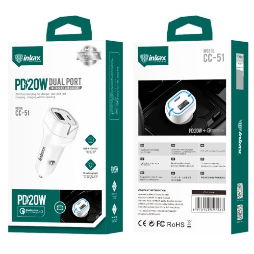 Автомобільний зарядний пристрій INKAX CC-51 1 USB QC 3.0 18W | 1 TYPE-C 20W