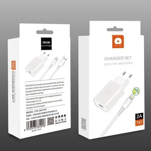 Мережевий зарядний пристрій WUW T47 2.4A + USB Lightning БІЛИЙ (70)