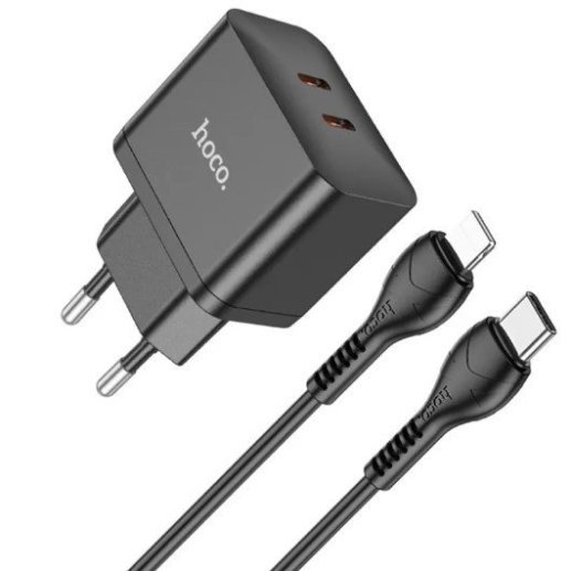 Мережевий зарядний пристрій HOCO N29 PD 35W 2 TYPE-C + кабель TYPE-C - LIGHTNING, чорний