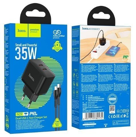 Мережевий зарядний пристрій HOCO N29 PD 35W 2 TYPE-C + кабель TYPE-C - LIGHTNING, чорний