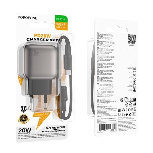 Мережевий зарядний пристрій BOROFONE BAS53A PD 20W USB-C + кабель TYPE-C - LIGHTNING, чорний