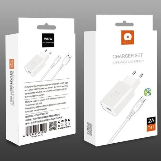 Мережевий зарядний пристрій WUW T47 2.4A + USB Micro БІЛИЙ (70)