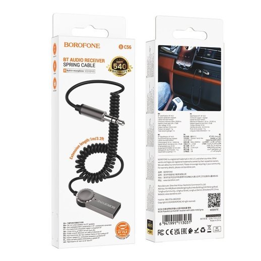 Bluetooth-аудіоадаптер BOROFONE BC56 Peaceful car AUX BT receiver with cable, сірий