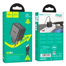 Мережевий зарядний пристрій HOCO N35 PD 45W 2 TYPE-C + кабель TYPE-C - LIGHTNING, чорний