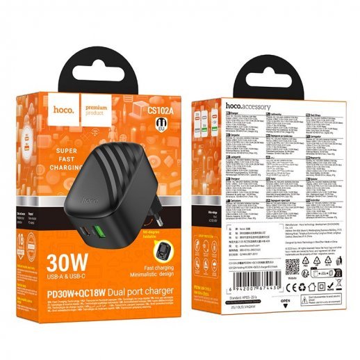 Мережевий зарядний пристрій HOCO CS102A TYPE-C PD 30W / USB QC 3.0, чорний