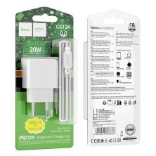 Мережевий зарядний пристрій HOCO CS13A PD 20W TYPE-C + кабель TYPE-C - LIGHTNING, білий