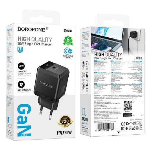 Мережевий зарядний пристрій BOROFONE BN18 Intenso Type-C PD 20W, чорний