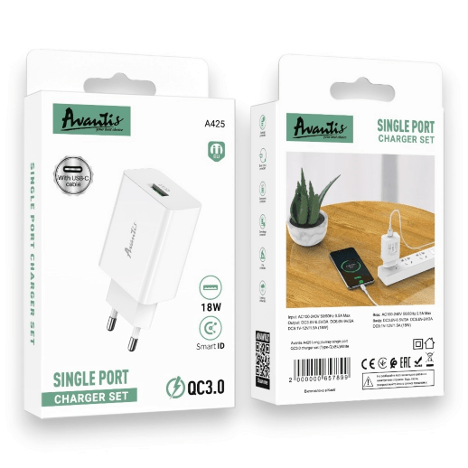 Мережевий Зарядний Пристрій Avantis A425 1USB QC 3.0 Type-C Білый