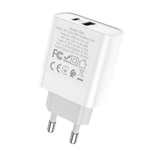 Мережевий зарядний пристрій HOCO C80A Rapido TYPE-C PD 20W + USB QC 3.0, БІЛИЙ