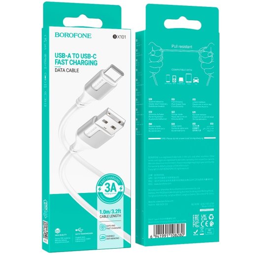 USB кабель BOROFONE BX101 USB - Type-C, 3A, 1 метр, білий