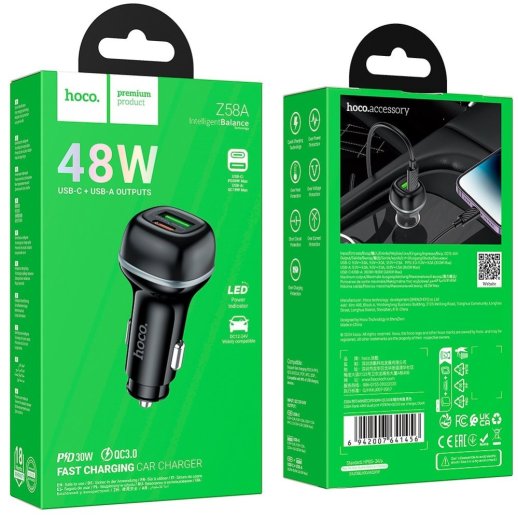 Автомобільний зарядний пристрій HOCO Z58A Type-C PD 30W + USB QC3.0, чорний