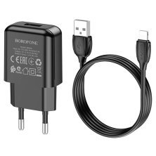 Мережевий зарядний пристрій BOROFONE BA64A USB 2.1A + кабель USB - LIGHTNING, чорний
