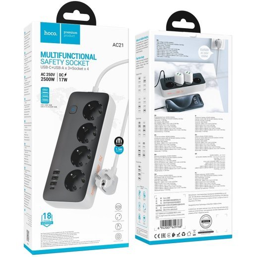 Мережевий подовжувач HOCO AC21 (3×USB / 1×Type-C / 4×Socket), 1,5 м, чорний