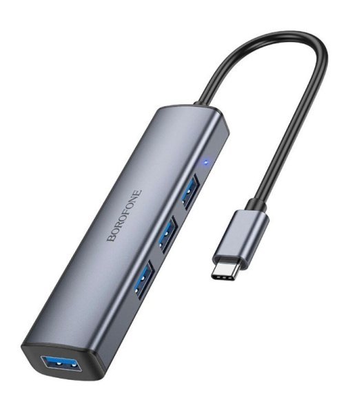 Перехідник BOROFONE DH12 HUB з Type-C на 4 USB 3.0, 20 см, сірий
