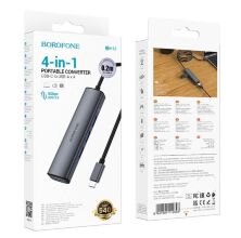Перехідник BOROFONE DH12 HUB з Type-C на 4 USB 3.0, 20 см, сірий
