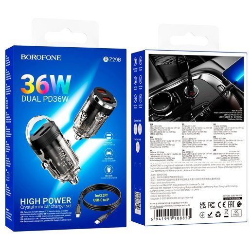 Автомобільний зарядний пристрій BOROFONE BZ29B PD 36W 2 TYPE-C + кабель TYPE-C - LIGHTNING, чорний