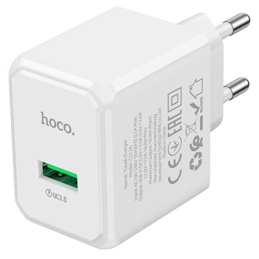 Мережевий зарядний пристрій HOCO CS12A QC3.0 USB 18W, БІЛИЙ