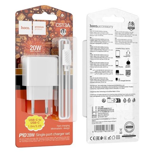 Мережевий зарядний пристрій HOCO CS13A PD 20W TYPE-C + кабель TYPE-C - TYPE-C, білий