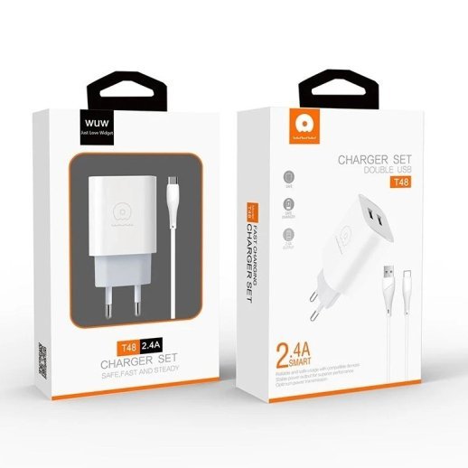 Мережевий зарядний пристрій WUW T48 2.4A + USB Type-C БІЛИЙ (48)
