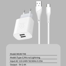 Мережевий зарядний пристрій WUW T48 2.4A + USB Type-C БІЛИЙ (48)