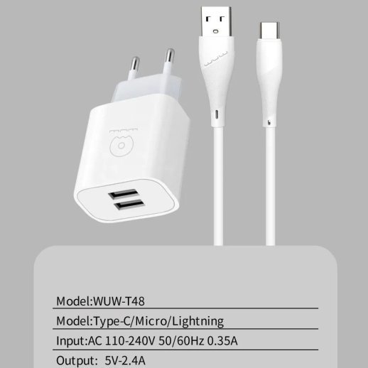 Мережевий зарядний пристрій WUW T48 2.4A + USB Type-C БІЛИЙ (48)