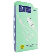 Автомобільний зарядний пристрій DENMEN DZ06E 3.1A 2USB PORT + CABLE USB 3IN1