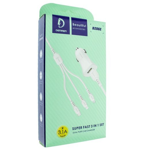 Автомобільний зарядний пристрій DENMEN DZ06E 3.1A 2USB PORT + CABLE USB 3IN1