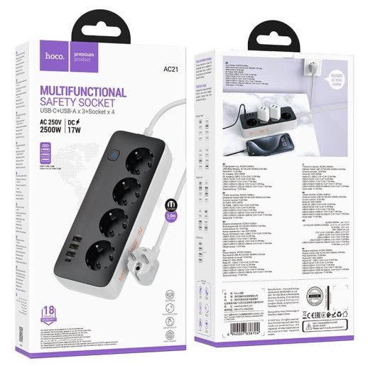 Мережевий подовжувач HOCO AC21 3*USB + Type-C + 4*Socket 3 метри, чорний