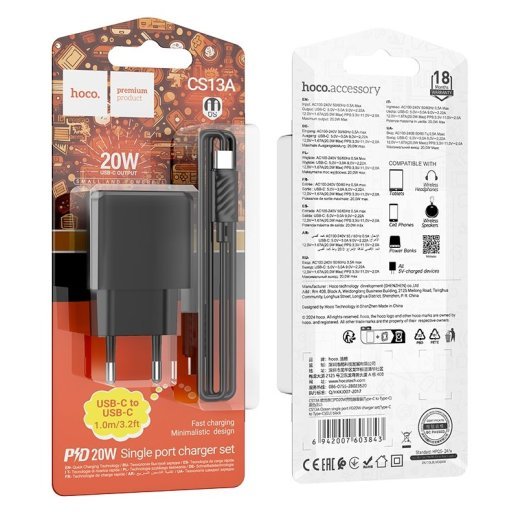 Мережевий зарядний пристрій HOCO CS13A PD 20W TYPE-C + кабель TYPE-C - TYPE-C, чорний