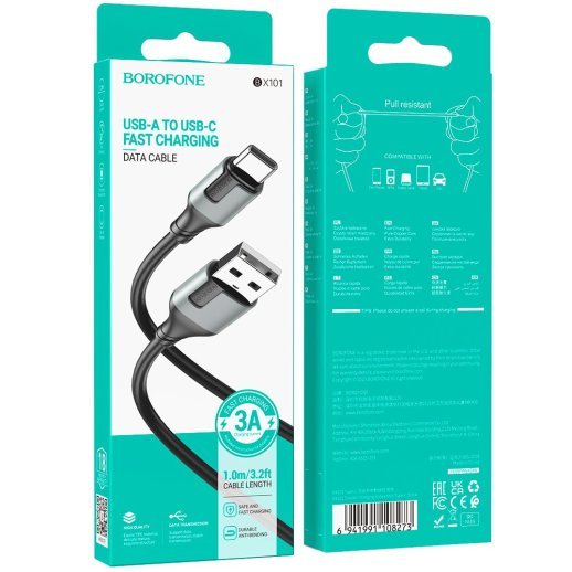 USB кабель BOROFONE BX101 USB - Type-C, 3A, 1 метр, чорний