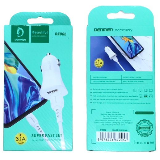 Автомобільний зарядний пристрій DENMEN DZ06L 3.1A 2USB PORT + CABLE USB Lightning