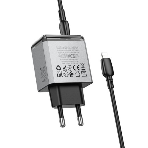 Мережевий зарядний пристрій BOROFONE BN21 Lena PD 40W (2×USB-C) + кабель Type-C - Lightning (iP), EU